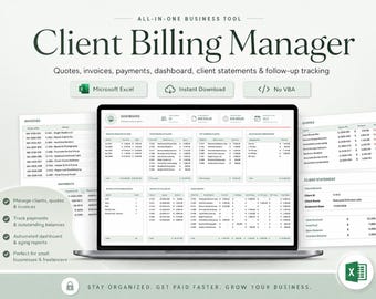 Client Billing Manager Excel Template, Invoice Payment Tracker, Quote Follow Up Dashboard, Accounts Receivable Spreadsheet, No VBA Workbook