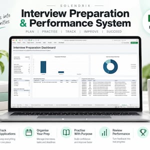 May include: A laptop displaying an Excel template titled Interview Preparation & Performance System. The screen shows a dashboard with charts, tables, and data. Beside the laptop are stacked books and a white mug with text about preparation.