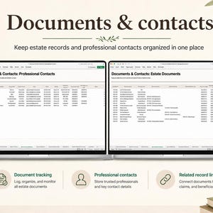 May include: Two laptop screens displaying a spreadsheet titled Documents & Contacts. The left screen shows professional contacts, and the right screen shows estate documents. Below the screens are three icons for document tracking, professional contacts, and related record links.