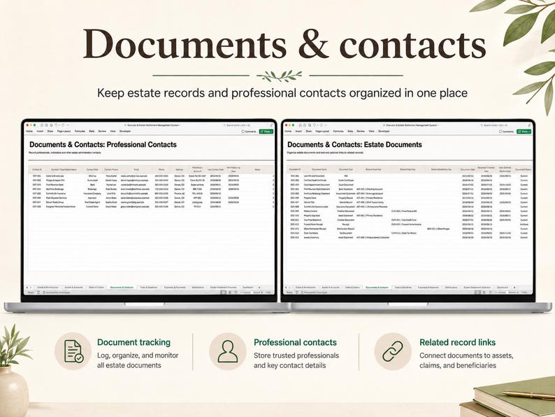 May include: Two laptop screens displaying a spreadsheet titled Documents & Contacts. The left screen shows professional contacts, and the right screen shows estate documents. Below the screens are three icons for document tracking, professional contacts, and related record links.