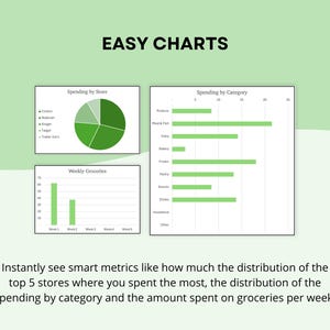 Puede incluir: Un gr&aacute;fico titulado "EASY CHARTS" presenta tres gr&aacute;ficos: un gr&aacute;fico circular de gastos por tienda, un gr&aacute;fico de barras de gastos por categor&iacute;a y un gr&aacute;fico de barras de compras semanales. El texto debajo dice: "Vea instant&aacute;neamente m&eacute;tricas inteligentes..."