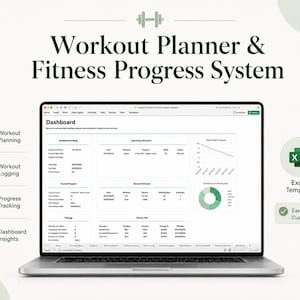 Op de afbeelding: Een laptop met een Workout Planner & Fitness Progress System dashboard met gegevenstabellen, een lijngrafiek voor lichaamsgewicht en een cirkeldiagram. Pictogrammen voor trainingsplanning, loggen en voortgang worden getoond naast een Excel-sjabloon.