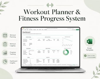 Workout Planner & Fitness Progress System, Workout Log, Strength Training Tracker, Exercise Progress, Personal Records, Body Progress Excel