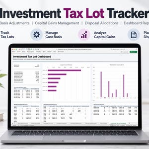 May include: A laptop screen displaying an Investment Tax Lot Tracker dashboard with data tables, bar charts, and financial metrics. The interface includes sections for cost basis adjustments, capital gains management, and disposal allocations.