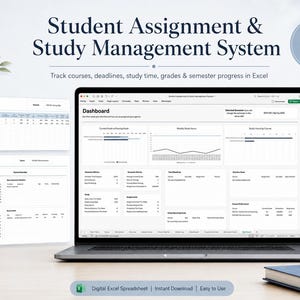 Peut inclure: Un tableur Excel numérique intitulé Student Assignment & Study Management System affiché sur un écran d'ordinateur portable, présentant un tableau de bord avec des graphiques, un carnet de notes et des onglets de cours.