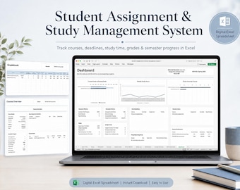 Student Assignment & Study Management System Excel Template | Assignment Tracker, Study Planner, Gradebook + Semester Dashboard for Students
