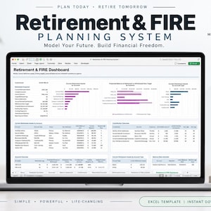 May include: A laptop screen displaying a Retirement & FIRE Planning System Microsoft Excel template. The dashboard features financial charts, tables, and data points for retirement planning, scenario analysis, and portfolio tracking.