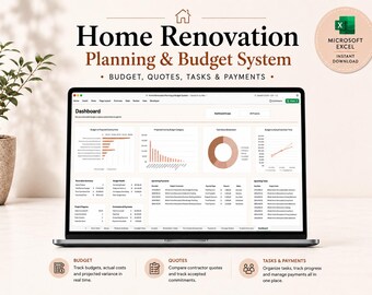Home Renovation Planning & Budget System Excel Template | Remodel Budget, Contractor Quotes, Tasks, Payments, Expenses and Dashboard