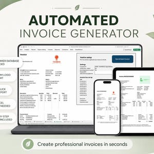 Op de afbeelding: Geautomatiseerde factuursoftware weergegeven op een laptop, tablet en smartphone. De schermen tonen factuursjablonen, opties voor klantendatabases en instellingenmenu's. Tekst bevat "AUTOMATED INVOICE GENERATOR" en "Create professional invoices in seconds."