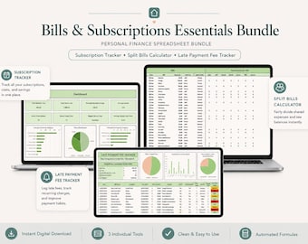 Bills & Subscriptions Essentials Bundle | Subscription Tracker Excel | Split Bills Calculator Roommates | Late Payment Fee Tracker