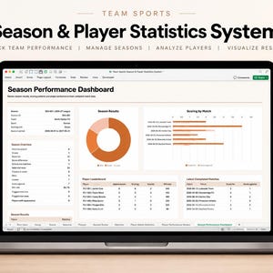 May include: A laptop screen displaying a Team Sports Season & Player Statistics System dashboard. The interface features a Season Performance Dashboard with a donut chart, a horizontal bar graph, and tables for player leaderboards and match results.