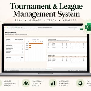 トーナメント＆リーグ管理システムExcelテンプレート｜サッカー順位表、試合スケジュール、結果、チーム、グループステージ、ノックアウトトラッカー