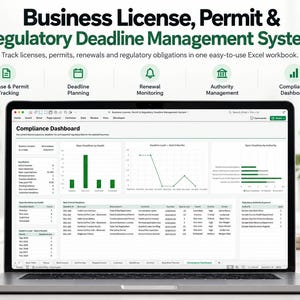 Pode incluir: Uma tela de laptop exibindo uma pasta de trabalho do Excel para gerenciamento de licenças comerciais, autorizações e prazos regulatórios. A interface apresenta um painel de conformidade com gráficos de dados, tabelas e métricas de monitoramento.