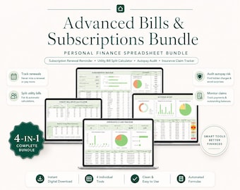 Advanced Excel Bill Subscription Spreadsheet Bundle, Renewal Reminder Tracker, Utility Split Calculator, Autopay Audit, Insurance Claim Tool
