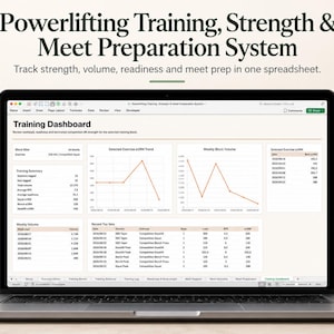 Op de afbeelding: Een laptopscherm met een spreadsheet voor Powerlifting Training, Strength & Meet Preparation System. Het dashboard bevat een Training Dashboard-koptekst, diverse gegevenstabellen en lijngrafieken voor volume en trends.