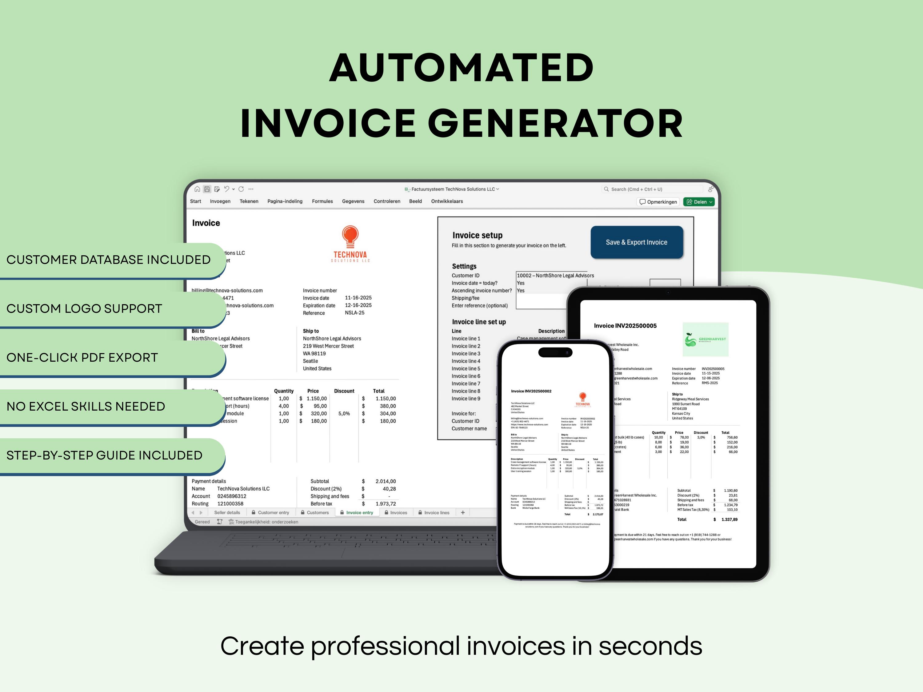 Automated Invoice Generator US + Nl-only, Small Business Excel Template ...