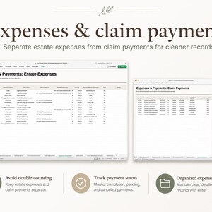 May include: A digital spreadsheet template titled Expenses & claim payments featuring two distinct tables for tracking estate expenses and claim payments, with instructional text below each section to help maintain organised financial records.
