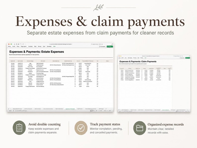 May include: A digital spreadsheet template titled Expenses & claim payments featuring two distinct tables for tracking estate expenses and claim payments, with instructional text below each section to help maintain organised financial records.
