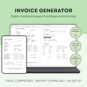 Può includere: Un generatore di fatture digitale visualizzato su un laptop e un tablet, con il testo "INVOICE GENERATOR" e "Easily create and export professional invoices!". Include download immediato, acquisto una tantum e compatibilità Excel.