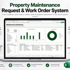 Pode incluir: Uma tela de laptop exibindo um modelo de Excel para um sistema de solicitações de manutenção e ordens de serviço. O painel apresenta um cabeçalho Maintenance Dashboard, gráficos de barras e um gráfico de rosca para custos.