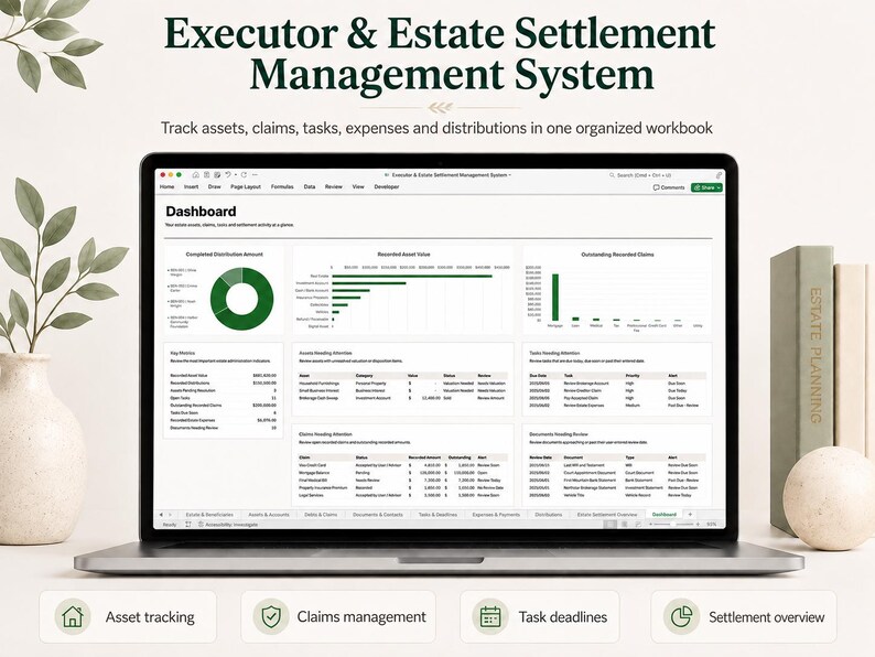 May include: A laptop displaying an Executor & Estate Settlement Management System dashboard with data charts, asset tracking, claims management, task deadlines, and settlement overview sections for organising estate information in a digital workbook.