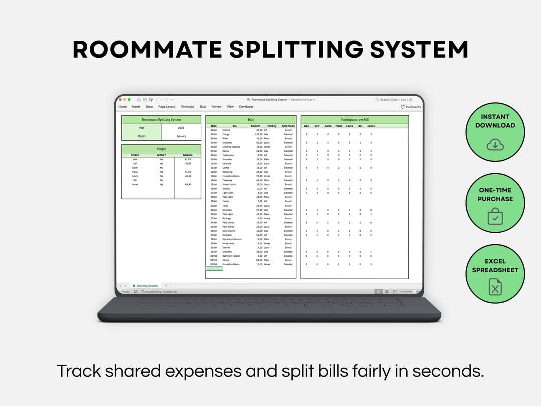 Roommate Bill Split Spreadsheet | Split Bills Calculator | Shared ...