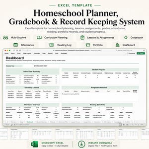 Homeschool Planner, Gradebook & Record Keeping System, Curriculum, Lesson, Assignment, Attendance, Reading Log, Portfolio Excel Template