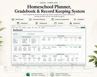 Homeschool Planner, Gradebook & Record Keeping System, Curriculum, Lesson, Assignment, Attendance, Reading Log, Portfolio Excel Template