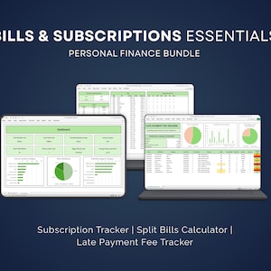 Puede incluir: Capturas de pantalla de un paquete de finanzas personales, que incluye un rastreador de suscripciones, una calculadora de facturas divididas y un rastreador de tarifas por pago tardío. Las pantallas muestran gráficos y tablas de datos con una combinación de colores verde y blanco. El texto en la parte superior dice "BILLS & SUBSCRIPTIONS ESSENTIALS".
