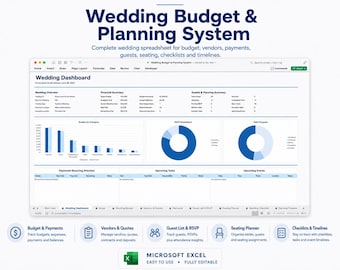 Wedding Planning Spreadsheet | Wedding Budget Planner | Guest List | Vendor Payments | Checklist & Timeline for Excel