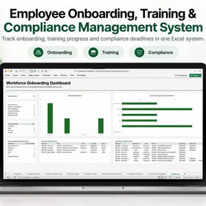 May include: A laptop screen displaying an Employee Onboarding, Training & Compliance Management System Excel dashboard. The interface features a Workforce Onboarding Dashboard with bar charts, data tables, and status tracking for employees.