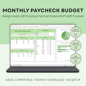 Monthly Paycheck Budget Spreadsheet, Biweekly Bill Assignment Planner, Excel Expense Dashboard, Leftover Savings Tracker, Finance Template