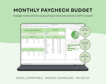 Monthly Paycheck Budget Spreadsheet, Biweekly Bill Assignment Planner, Excel Expense Dashboard, Leftover Savings Tracker, Finance Template