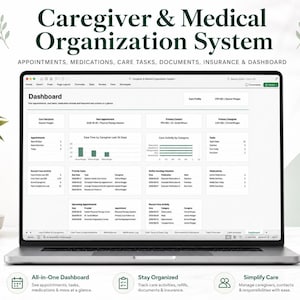 Caregiver Medical Organizer Excel Spreadsheet, Medication Log, Appointment Tracker, Care Tasks, Documents, Insurance & Care Dashboard System