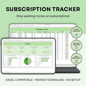 Abonnement-Tracker-Tabelle, monatliches Verlängerungsprotokoll, Dashboard für wiederkehrende Kosten, Kostenanalyse, Excel-Budgetplaner, Ausgabenmanager