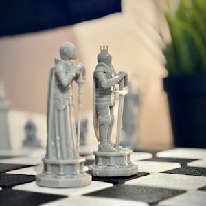 Peut inclure: Deux pièces d'échecs grises, une reine et un chevalier, sont posées sur un échiquier noir et blanc. Le chevalier tient une épée et porte une couronne. La reine est drapée dans une longue robe. Une plante en pot est en arrière-plan.