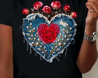 Denim Heart Embroidery PNG, Floral Jean Heart Design, Beaded Rose Patch Style, Romantic Shirt Graphic, Digital Download