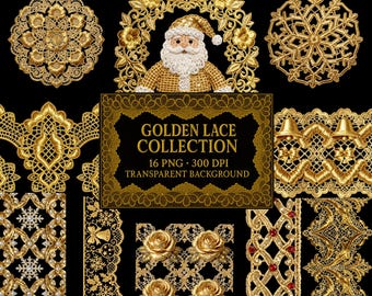 Conjunto de Renda Dourada | Bordado Dourado de Luxo em PNG | 16 Clipartes | Transparente | 300 DPI