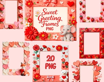 Sweet Greeting  Frames  –  Heart & Floral Frames, Romantic Scrapbook Borders,   20 PNG