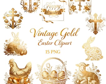 Vintage Gold Easter Clipart, Bunny, Lamb, Cross, Chicken Graphics (Digital Download)