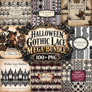 May include: A digital graphic collection titled Halloween Gothic Lace Mega Bundle featuring over 100 PNG files. The image displays various black lace borders, seamless patterns, and decorative frames with gothic, floral, and Halloween motifs.
