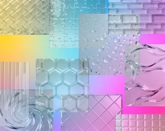 Texturas de sobreposição de vidro transparente em PNG, fundos de vidro em relevo, 14 arquivos, alta resolução.