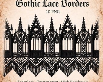 Black Lace Borders PNG – 10 Seamless Wide Border Designs, Gothic Vintage Digital Download