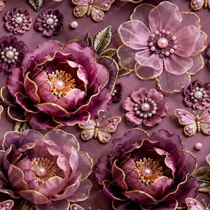 Può includere: Primo piano di un design floreale con fiori e farfalle ricamati nei toni del viola, rosa e oro. I fiori hanno centri di perle e finiture dorate, con foglie e dettagli di farfalle.