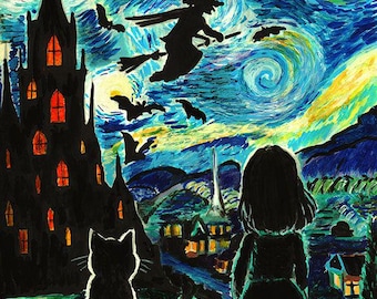 Van Gogh's Halloween Night. Digital Art Print. Hand drawn.