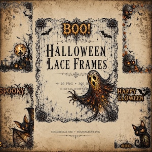 Gotiska Halloween-spetsramar, 20 PNG-clipart, läskig digital nedladdning