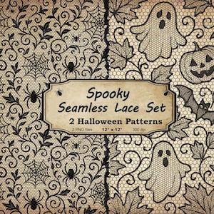 May include: Two seamless Halloween lace patterns. One features spiderwebs and spiders, the other includes ghosts, bats, and a jack-o'-lantern. The patterns are 12 x 12 inches and 300 dpi. The text reads "Spooky Seamless Lace Set".