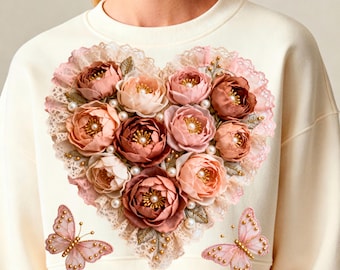 Floral Heart PNG, Butterfly Lace, Faux Embroidery Design (Digital Download)