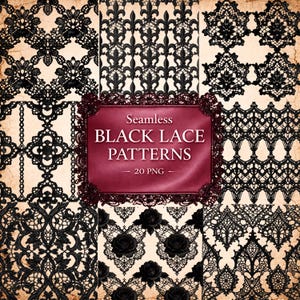 Naadloze zwarte kantpatronen – Gothic Lace-clipart, 20 png-stijl, transparante achtergrond