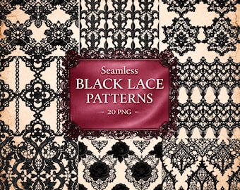 Seamless Black Lace Patterns – Gothic Lace Clipart, 20 PNG, Transparent Background